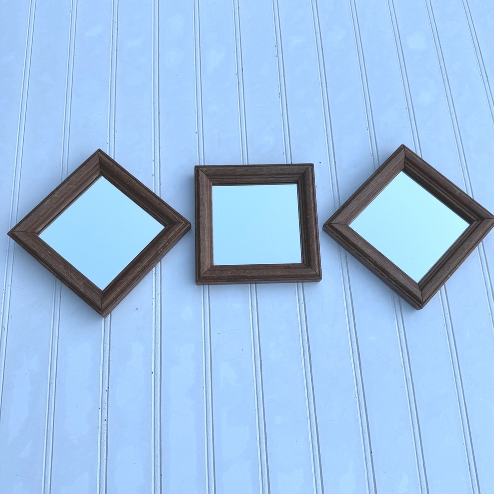 Vintage Set of 3 Small Square Wood Framed Wall Mirrors Brown Accent Decor